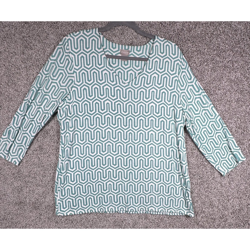 Chico's Geometric Print Blouse Size XL Green White V Neck Rayon Stretch Career